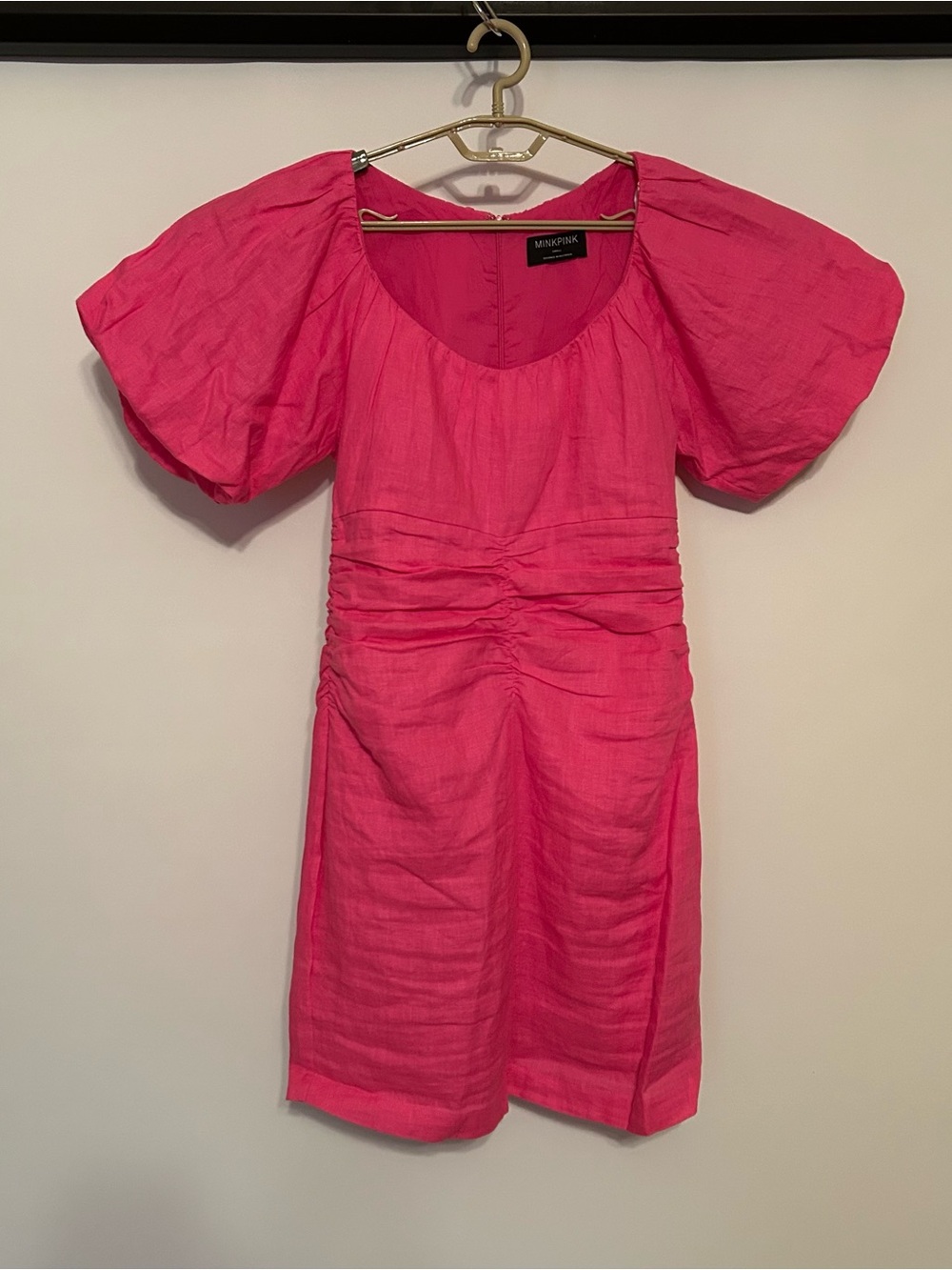 MINKPINK Hot Pink Puff-Sleeve Ruched Mini Dress